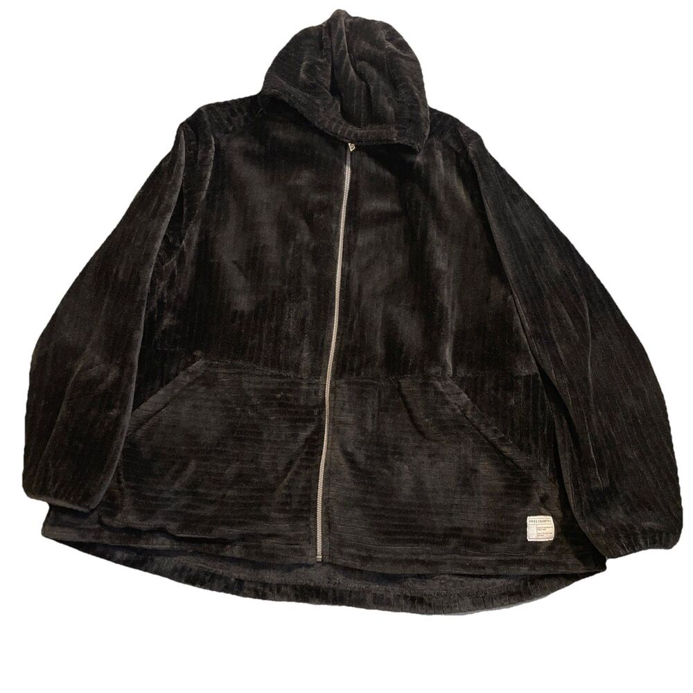 Free Country Womens Jacket 3X Black Ribbed Faux Fur Full Zip Long Sleeve Hood